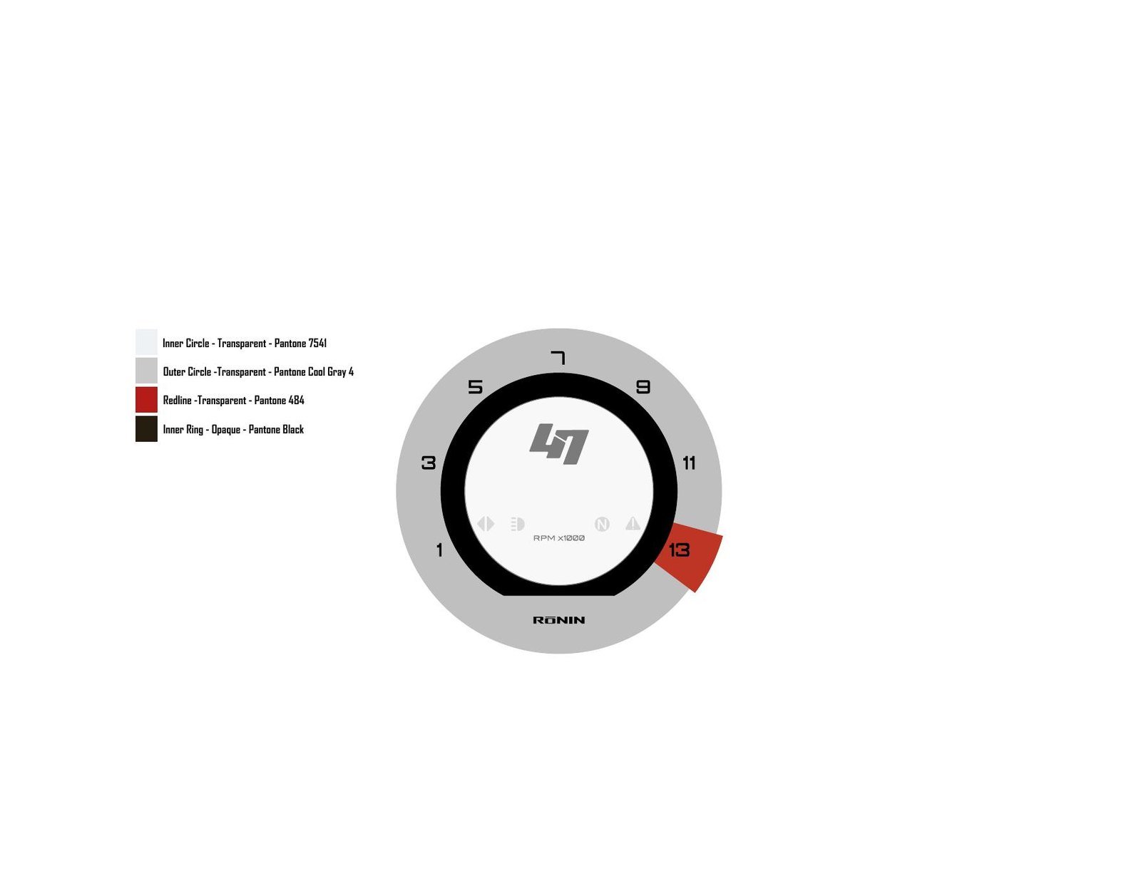 Unused Motogadget gauge face with Pantone callouts