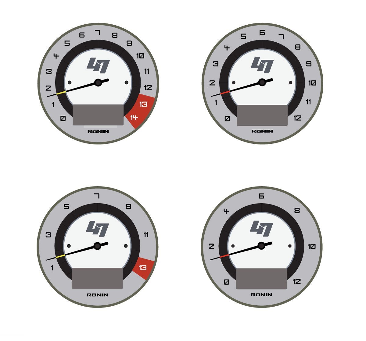Four unused Ronin gauge-face concepts on a white dial