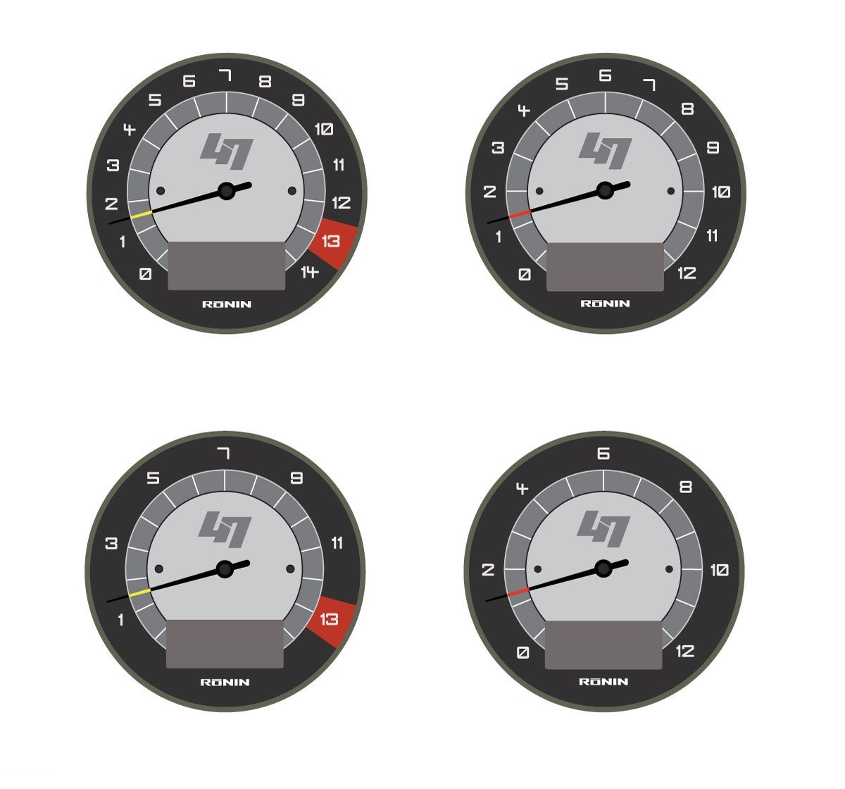 Four unused Ronin gauge-face concepts on a dark dial