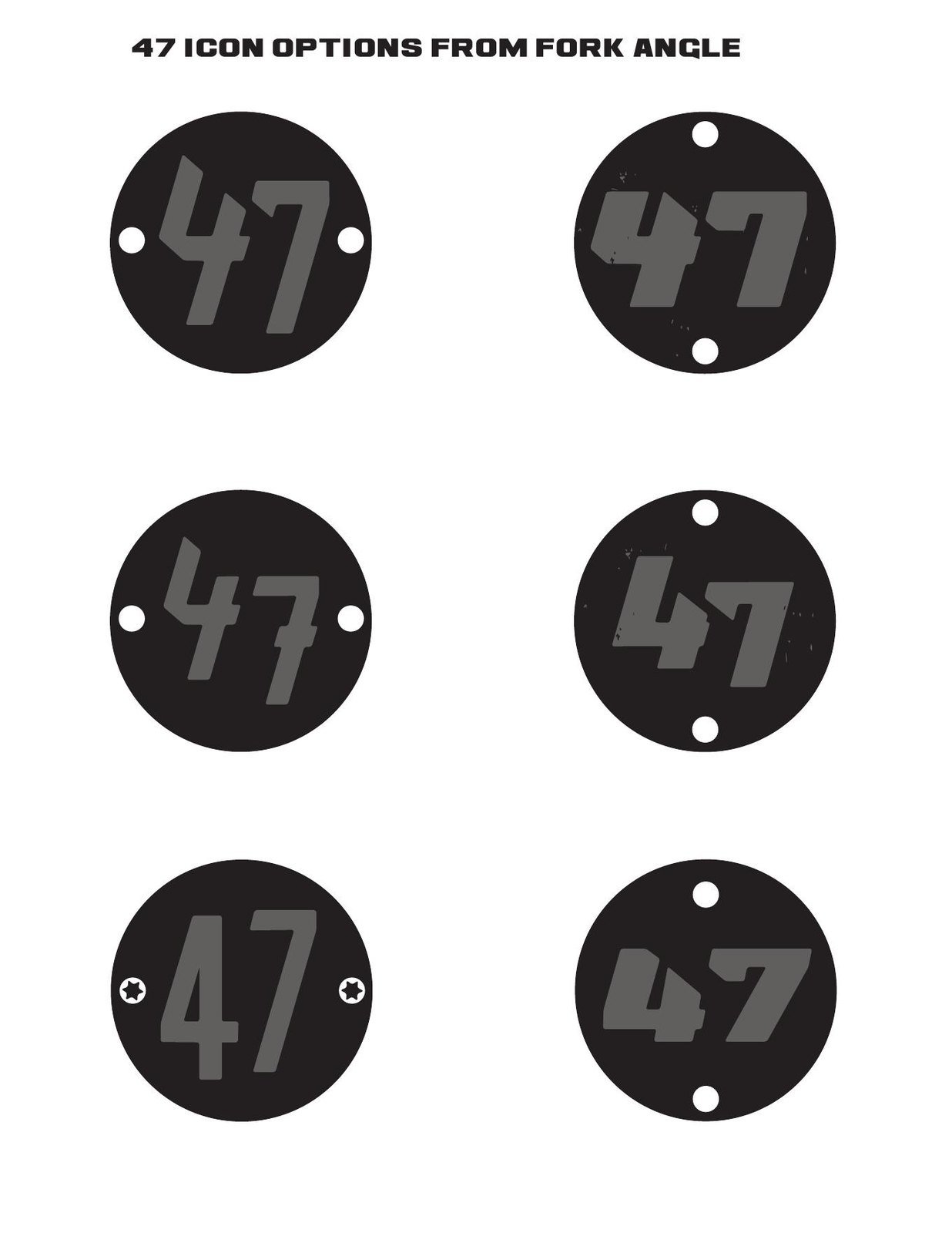 Six circular 47 badge options derived from the fork angle