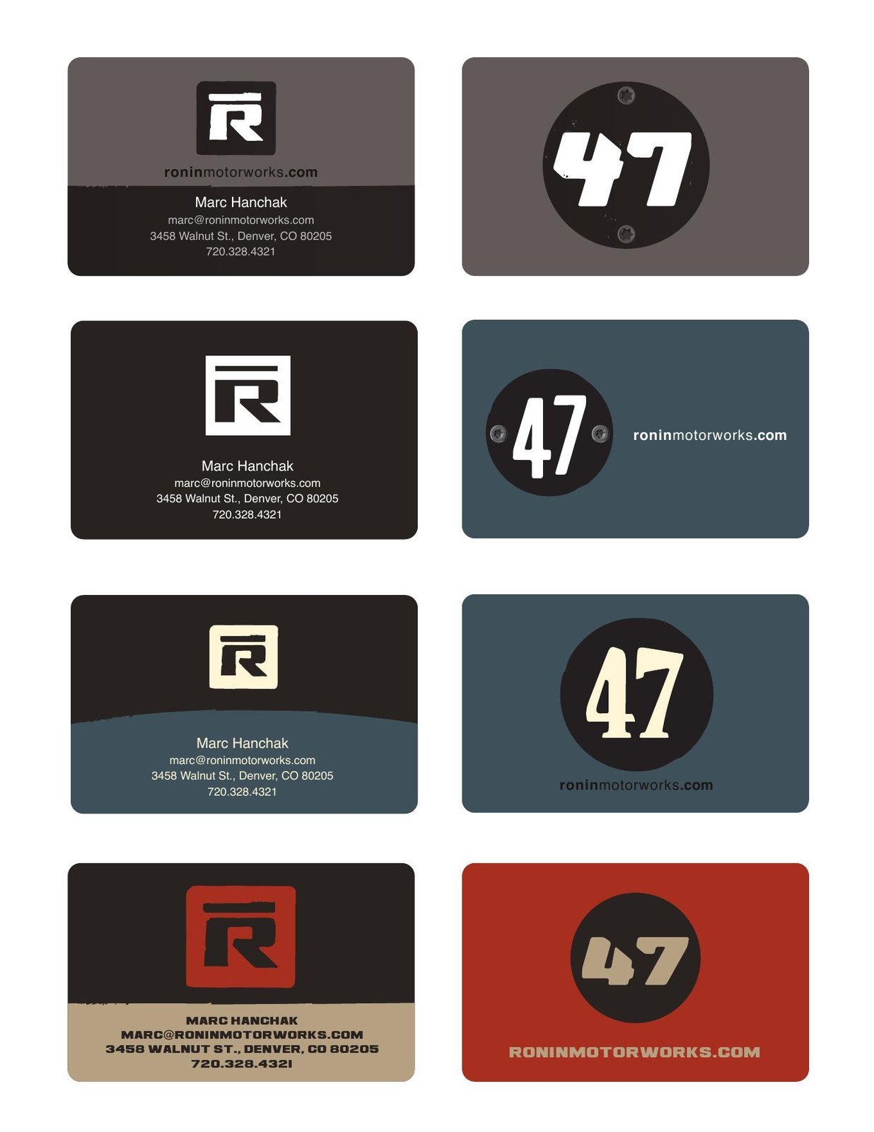 Ronin Motorworks logo and business-card color studies