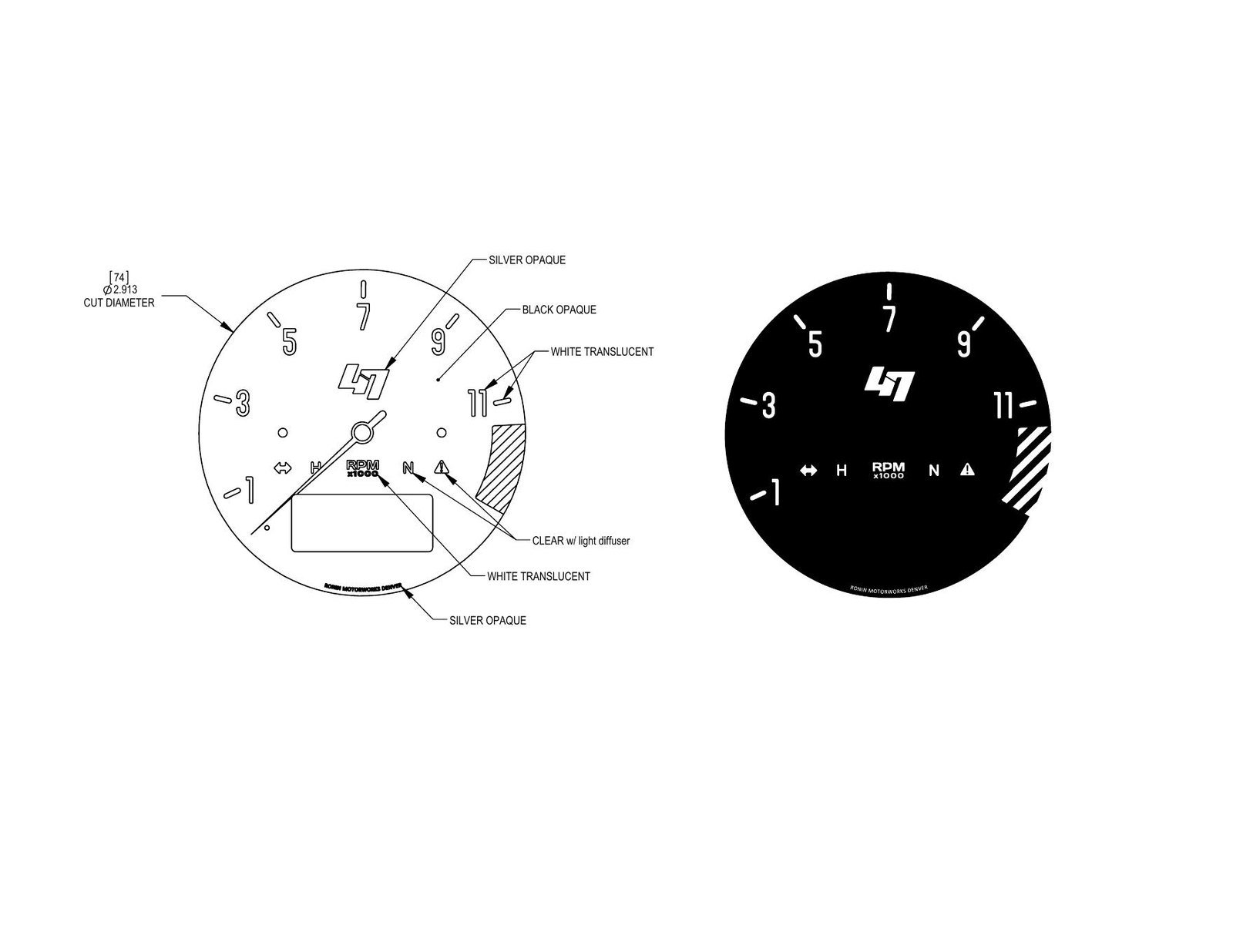 Technical Motogadget gauge-face drawing with 47 branding