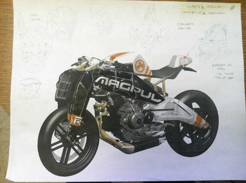 Black, white and orange Magpul Ronin concept with Oni mask sketches